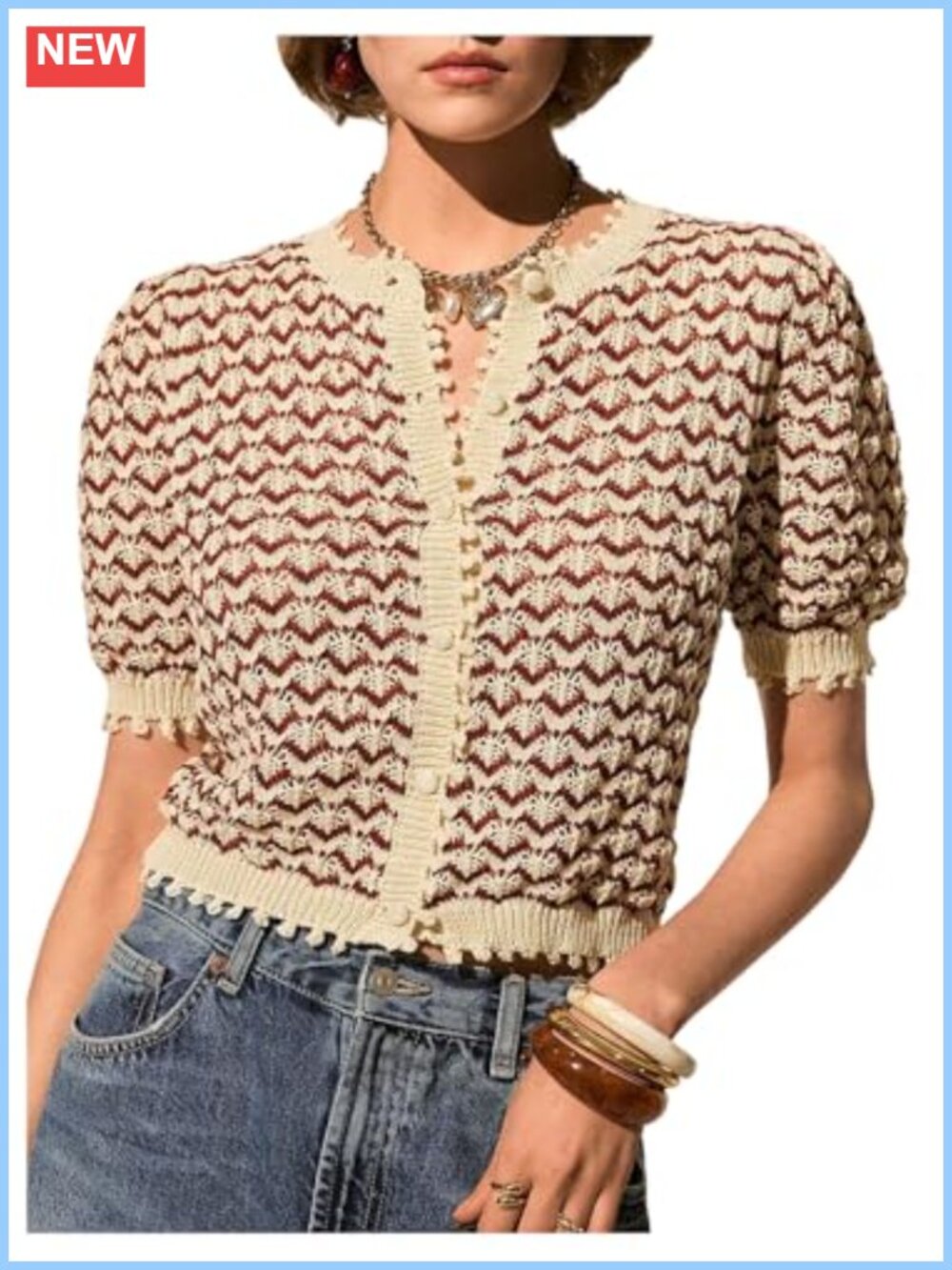 Striped Short Sleeve Cardigan Crochet Sweater Lightweight Button Front